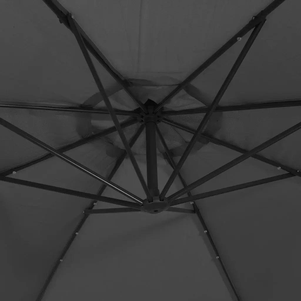 Round cantilever umbrella underside view showing 8-spoke aluminium rib frame with LED lighting points – Libeccio 3m Anthracite