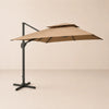 Side profile of the 3x3m taupe cantilever umbrella with double wind-vented canopy and offset aluminium pole