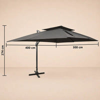 Dimensions diagram of the Levant XL rectangular cantilever umbrella showing 400cm x 300cm canopy and 274cm height