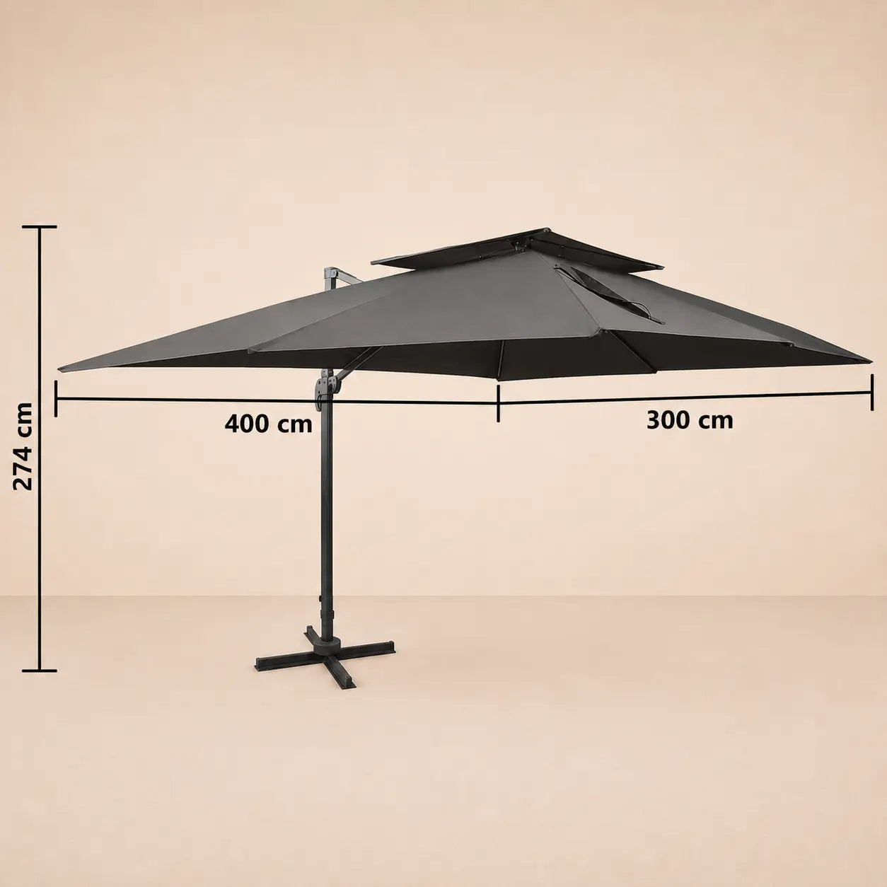 Dimensions diagram of the Levant XL rectangular cantilever umbrella showing 400cm x 300cm canopy and 274cm height