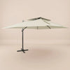 Side profile of the 3x4m ivory cantilever umbrella with double wind-vented canopy and offset aluminium pole