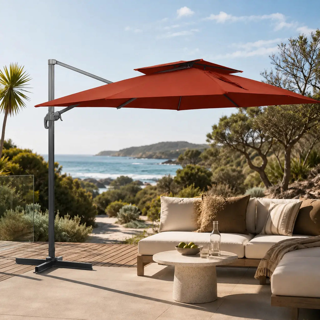 Terracotta cantilever umbrella over outdoor lounge on coastal patio – 3x4m rectangular double canopy umbrella for Australian backyards