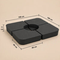 Cantilever umbrella base weight dimensions – 100x100cm assembled, 49x49cm per plate, 11cm high, 100kg sand-fill kit