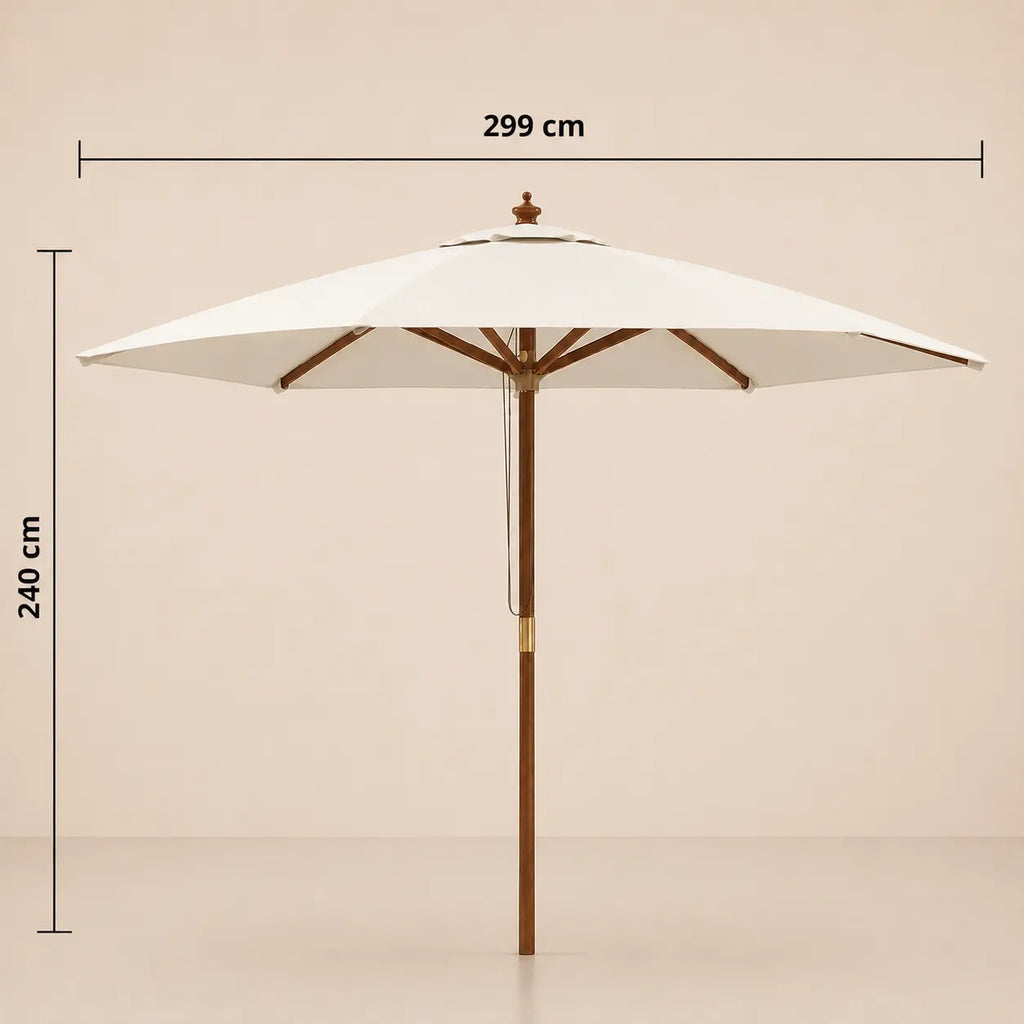 Dimensions diagram of the Mas 3m round market umbrella showing 299cm diameter and 240cm height