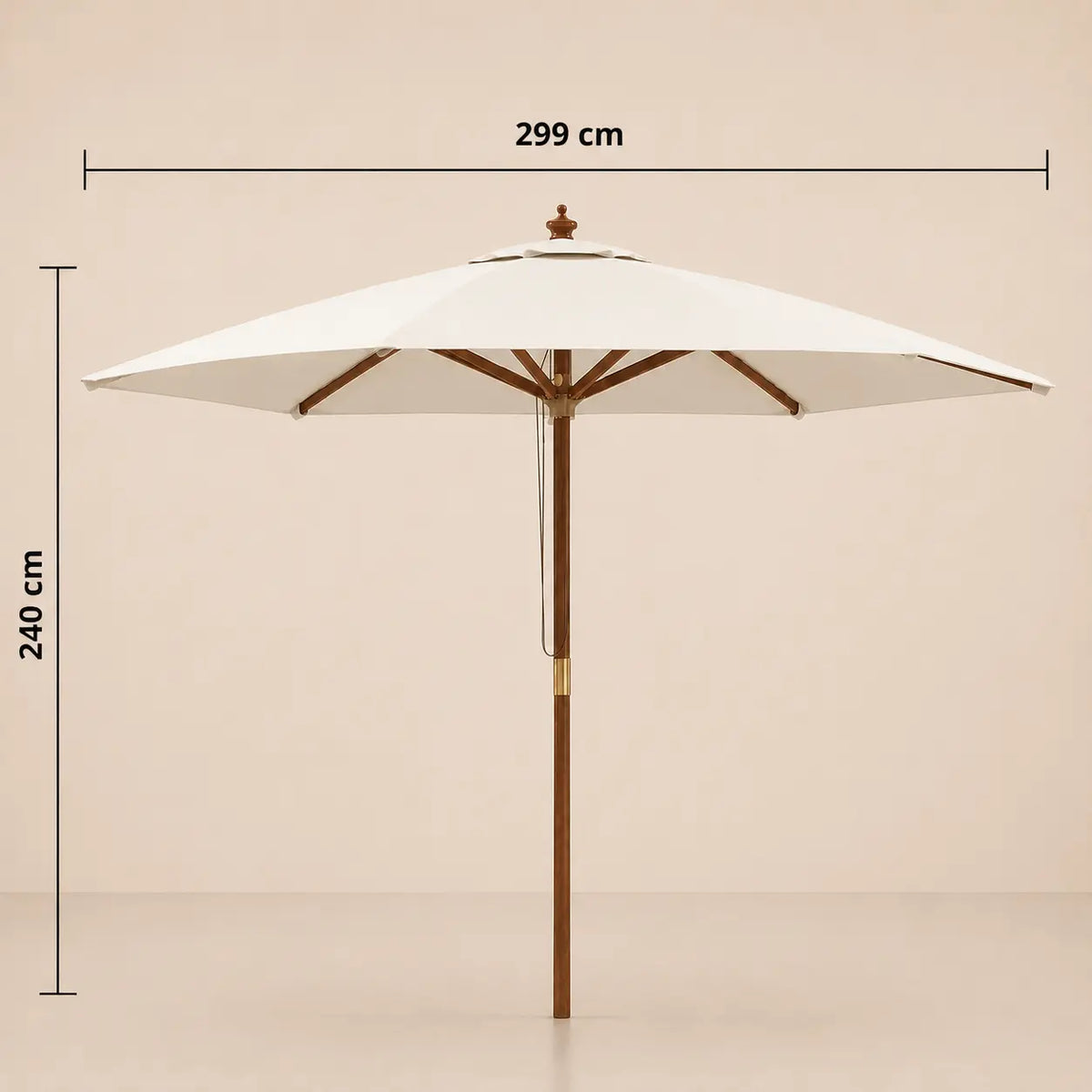 Dimensions diagram of the Mas 3m round market umbrella showing 299cm diameter and 240cm height