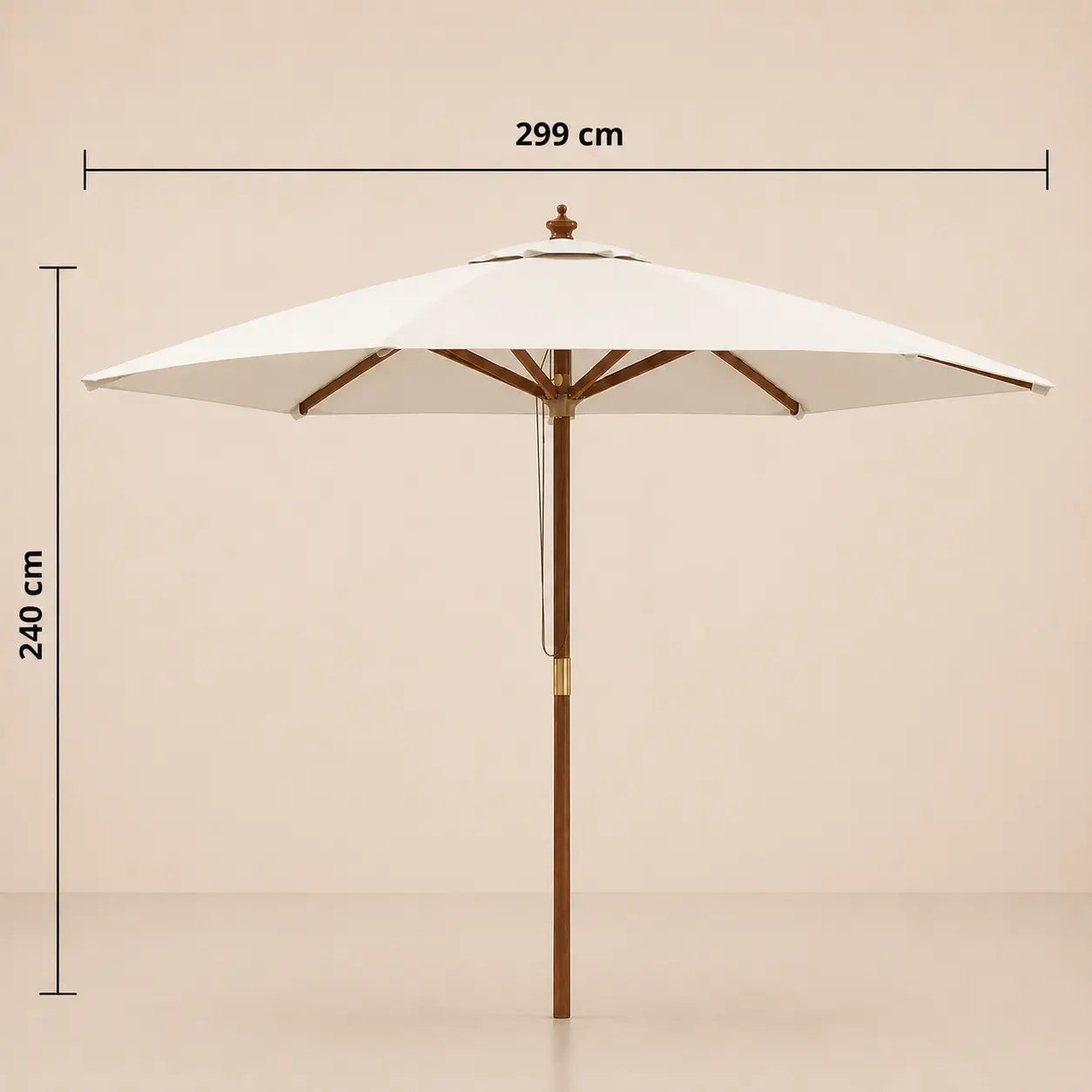 Dimensions diagram of the Mas 3m round market umbrella showing 299cm diameter and 240cm height