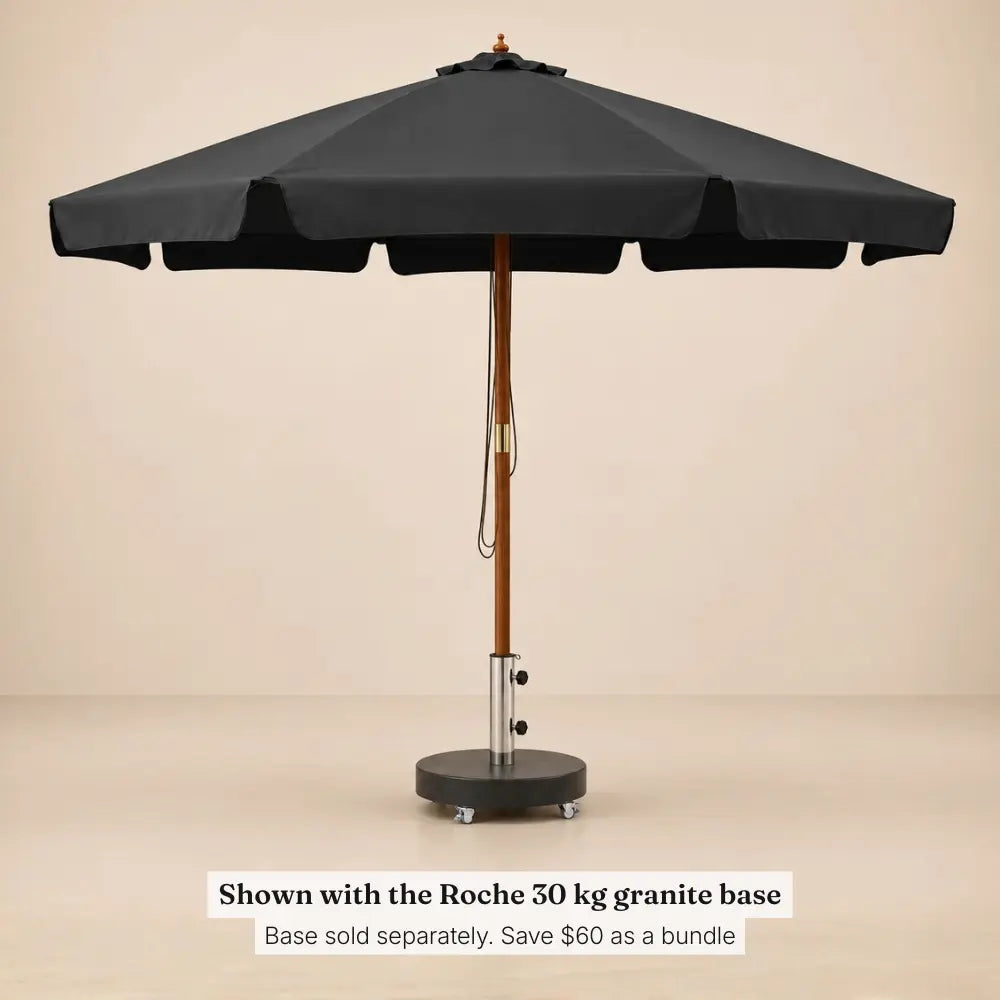 Bosquet anthracite market umbrella standing in the Roche 30 kg granite umbrella base