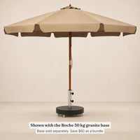 Garrigue taupe market umbrella standing in the Roche 30 kg granite umbrella base