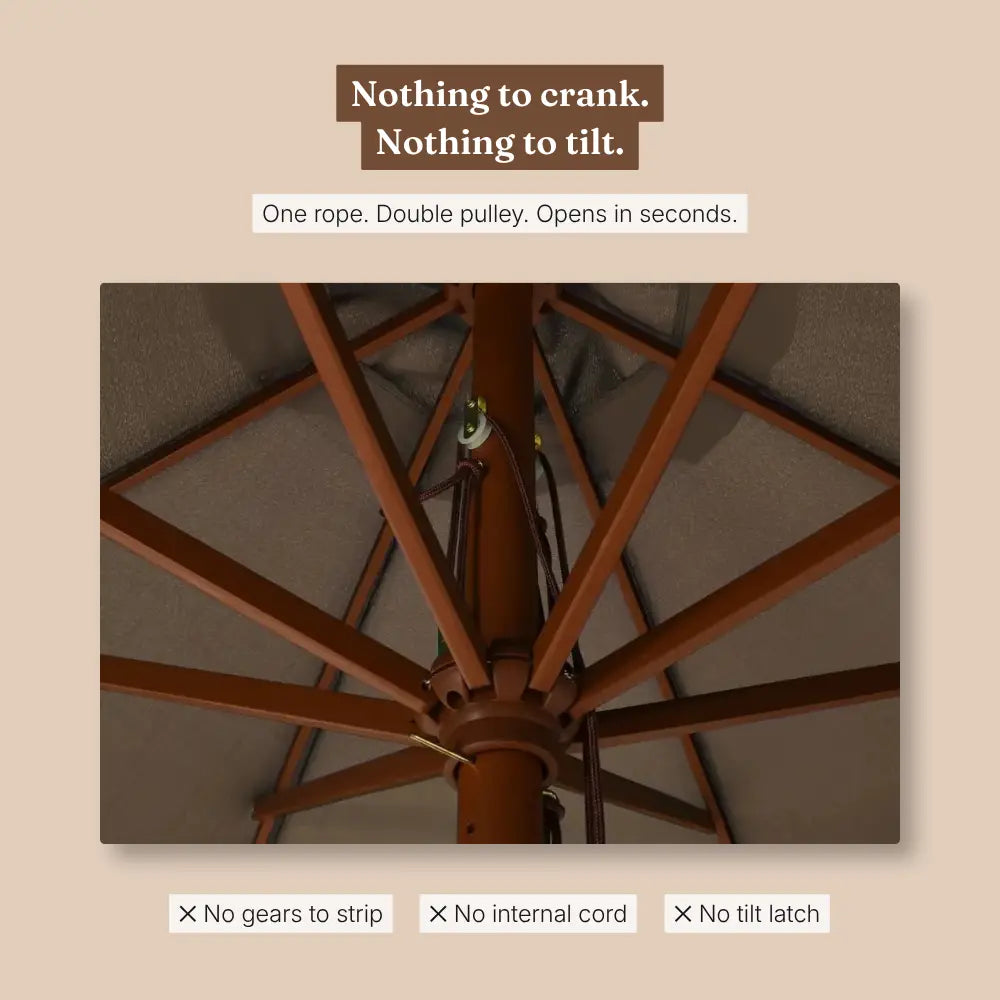 Market Umbrella 3.3m Round Taupe - Hardwood & Bamboo, Double Pulley | Garrigue